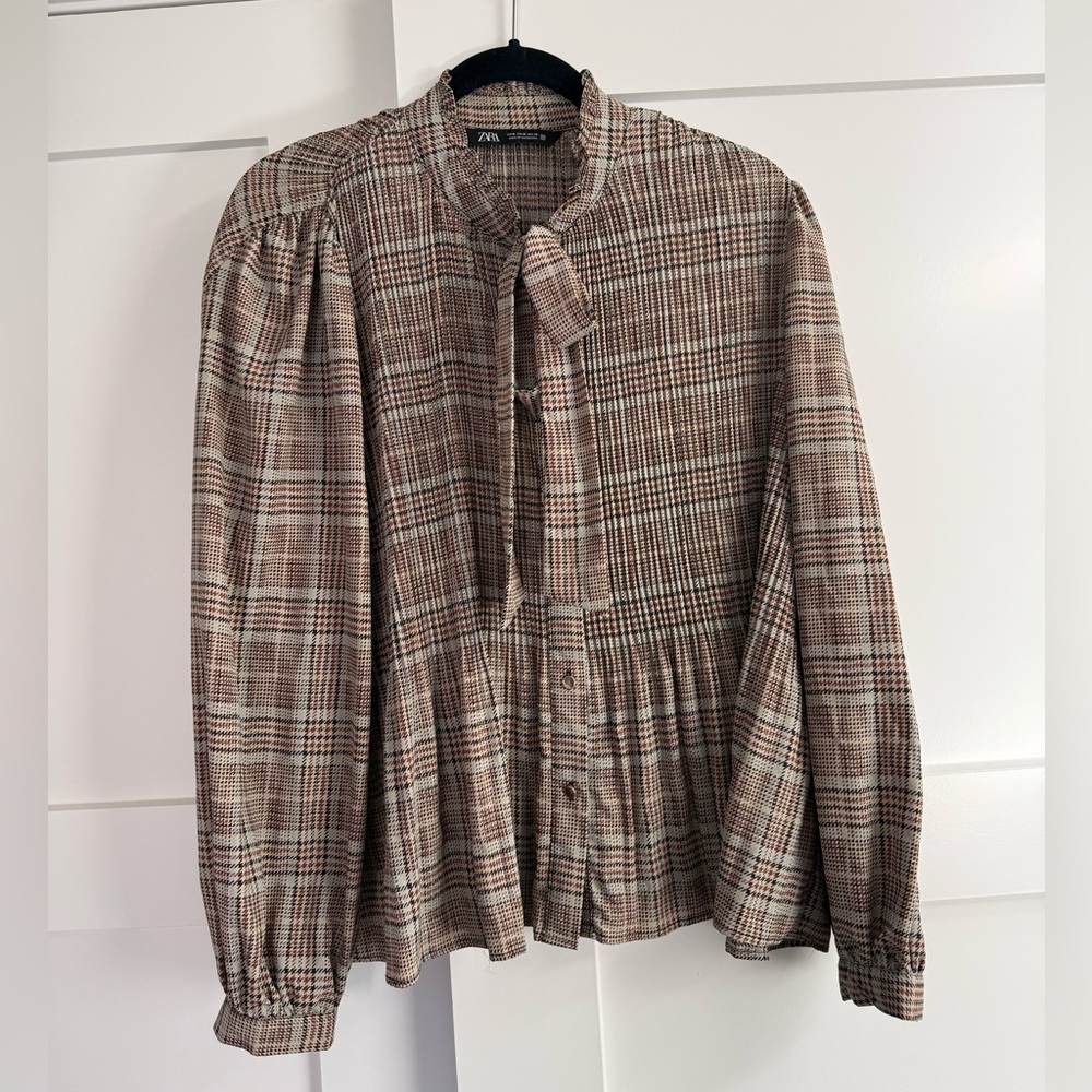 Zara Brown Plaid Tie-Neck Button-Up Shirt